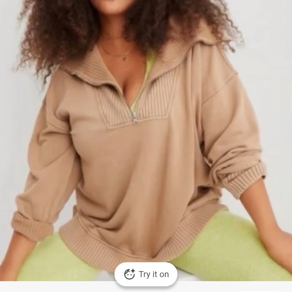 aerie Tan Half-Zip Pullover Sweatshirt